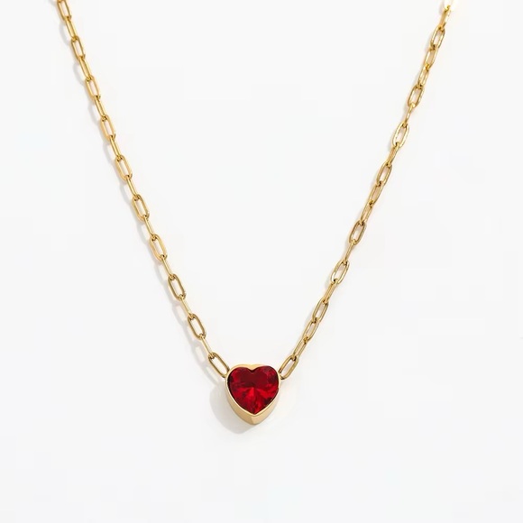 18K Gold Plated - Heart Necklace with Red Gemstone - Picture 1 of 6